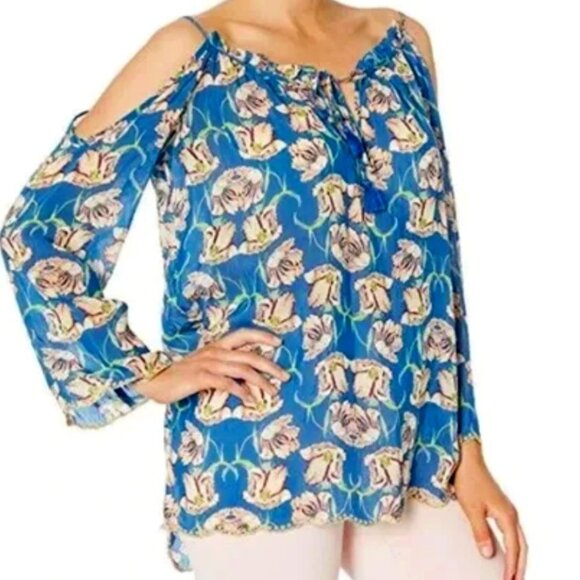 Johnny Was Blue Floral Women's Cold Shoulder Top - Picture 1 of 7